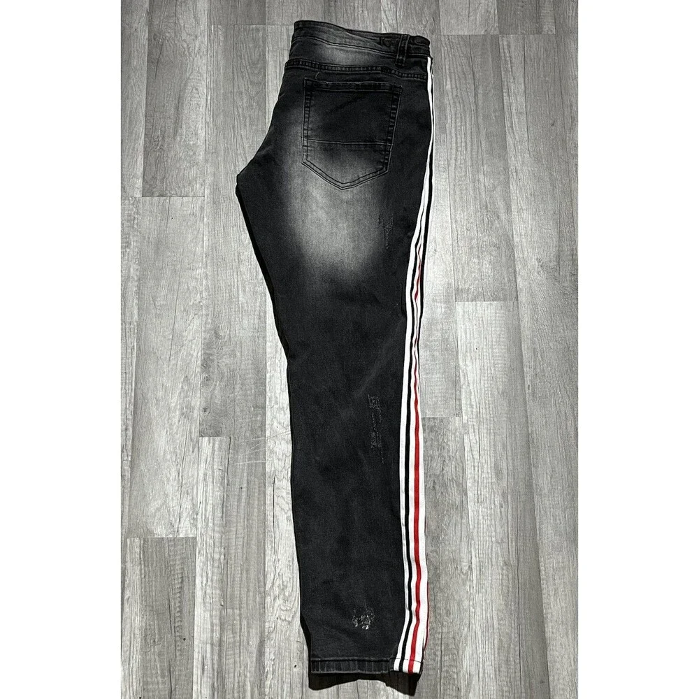Kilogram Mens Distressed Side Stripe Jeans Black Red White Streetwear Size 42